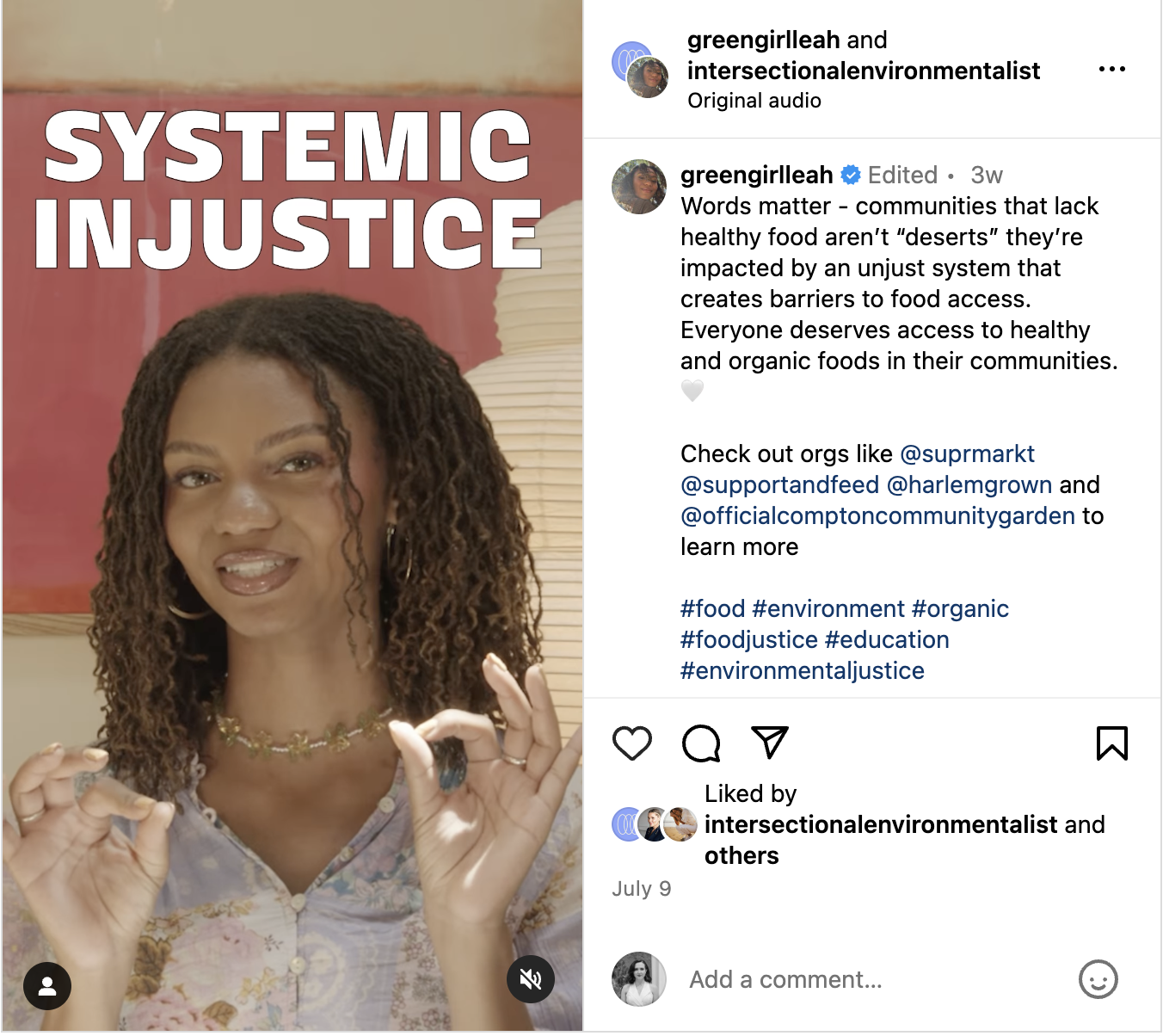 An Instagram Reel where Green Girl Leah explains why food apartheid (vs. food desert) is a more accurate, impactful term.